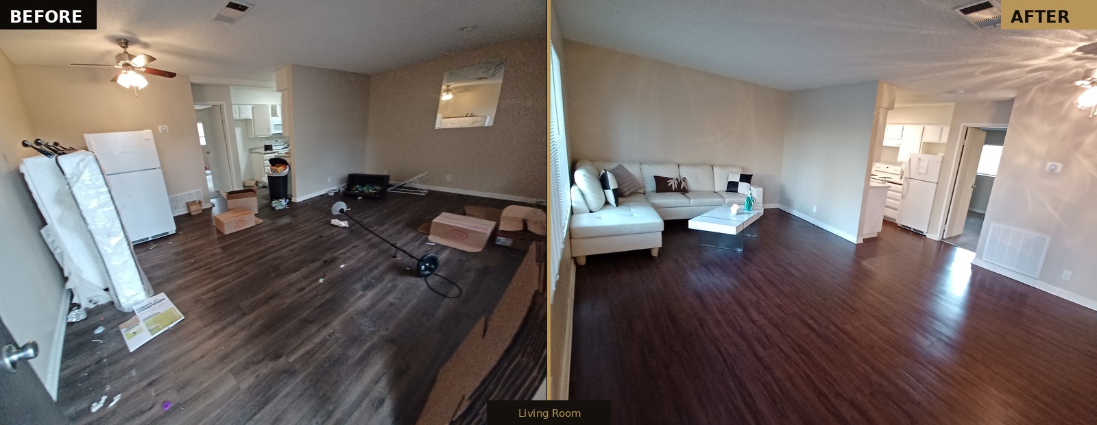 Panorama Apartments — Living room before and after, Palm Desert CA